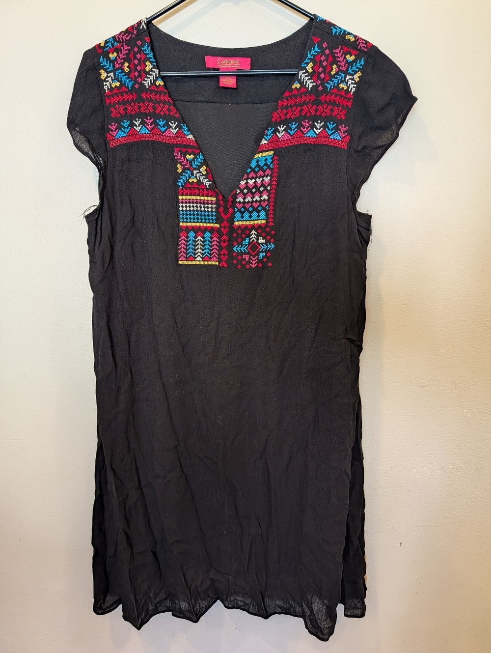 Catherine Malandrino Black Embroidered Geometric V-Neck Shift Dress M - Picture 2 of 6